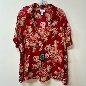 Avenue Sheer Floral Blouse button up Red size 22-24 women shirt sleeve NWT
